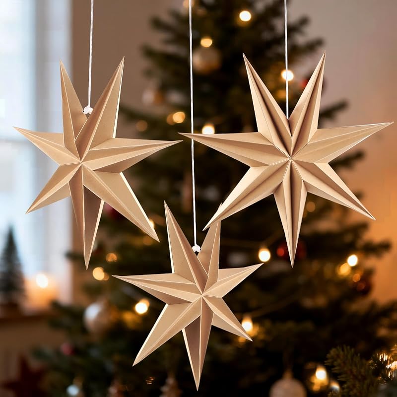Christmas 12in 7-Pointed Natural Paper Star Hanging Decoration Set - 3 Warm Holiday Ornaments (Variation: Hot Brown Stars)