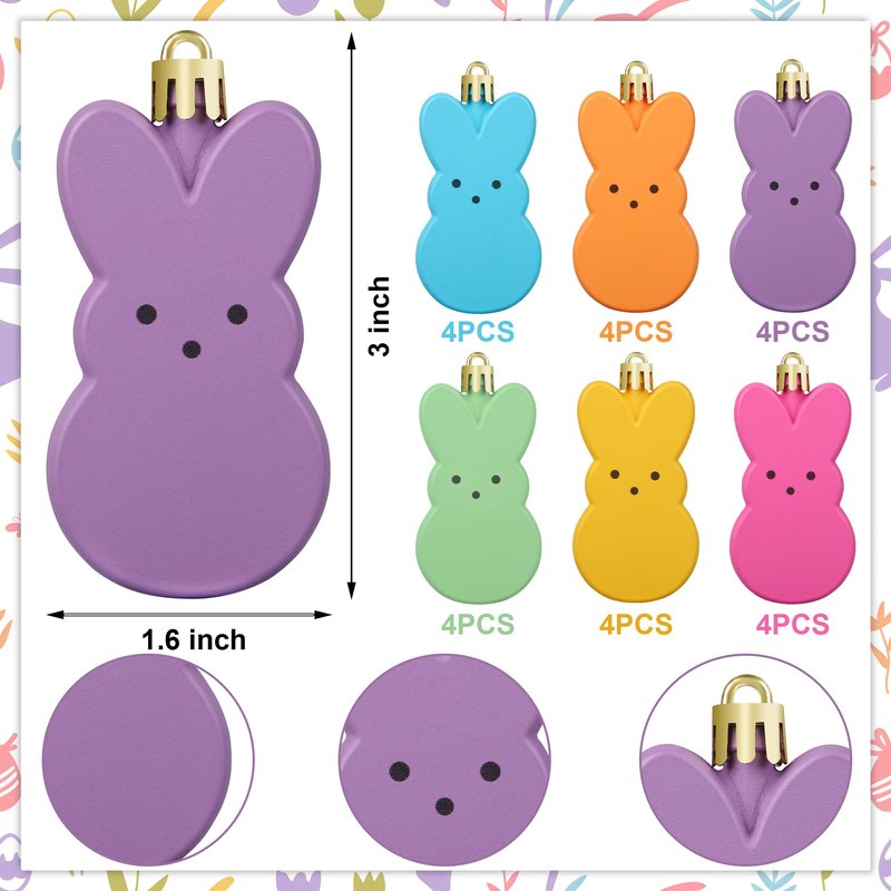 24 PCS Bunny Hanging Ornaments Colorful Peeps Bunny for Tree Decorations Easter Rabbit Plastic Hanging Ornaments Easter Tree Hanging Decoration for Home Holiday Party Decor
