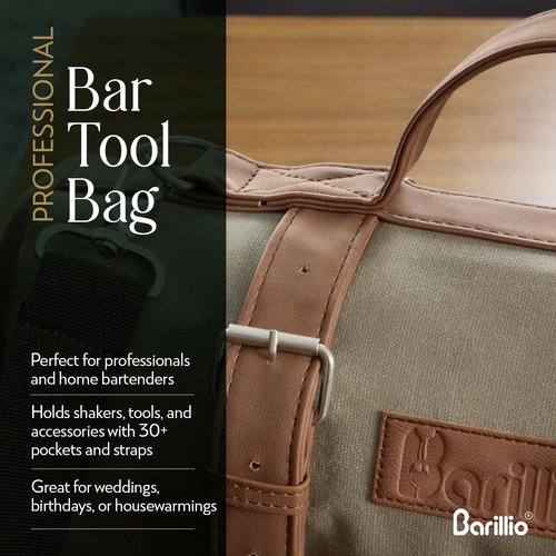 Barillio Bartender Bag (Without Tools) - Stylish, Waxed Canvas, Roll Up Traveling Bar Bag for Carrying Bar Tools and Cocktail Shaker Set with Shoulder Strap - Portable Travel Bartending Roll