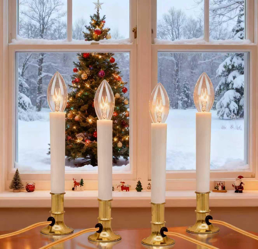 Skiennix Electric Christmas Window Candle Lamp - Flameless Taper Candles with Golden Base | 4 Pack