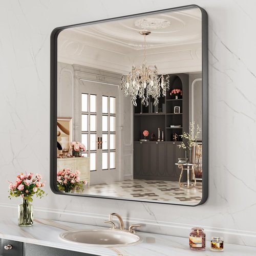 LOAAO Black Metal Framed Bathroom Mirror - 32x32 Inch, Anti-Rust, Versatile Horizontal/Vertical Hangs