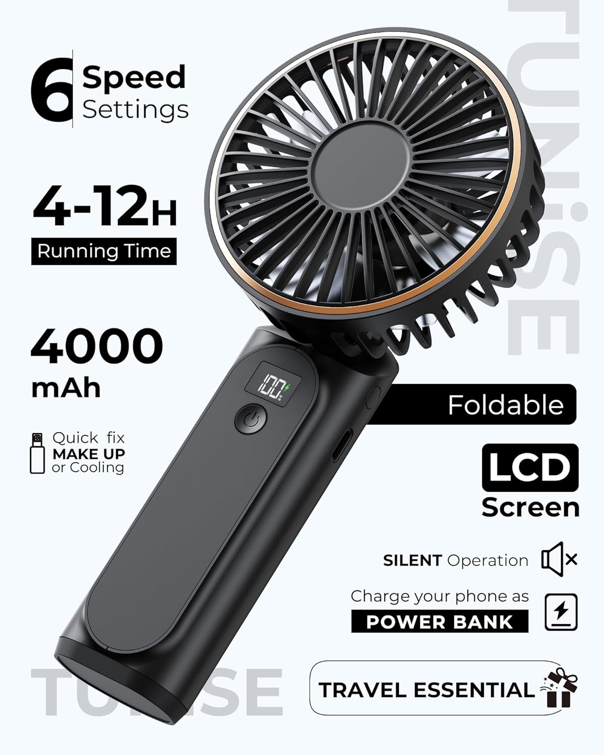 TUNISE Portable Handheld Fan - Rechargeable 4000mAh Battery | 180° Adjustable, 6 Speed, Quiet Design