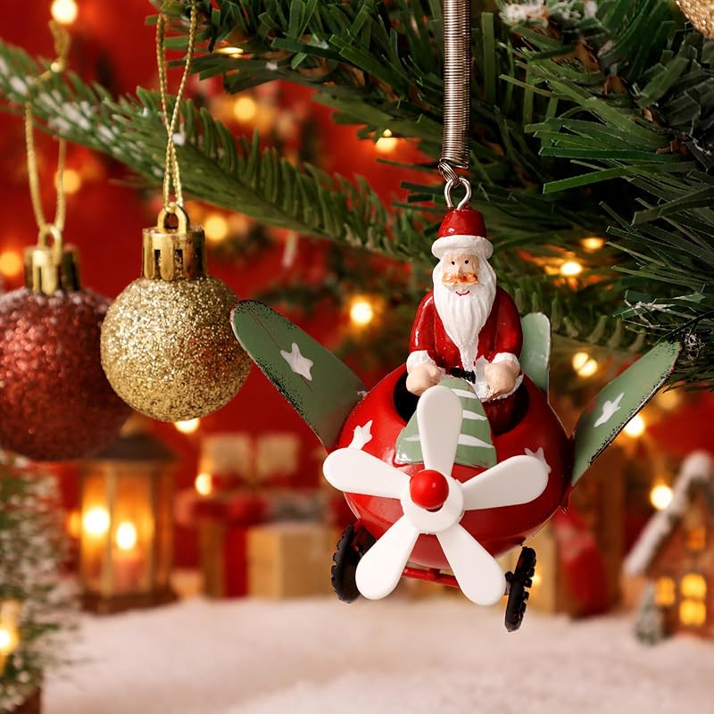Santa in Airplane Christmas Ornament - Red Resin with Spring Hanger