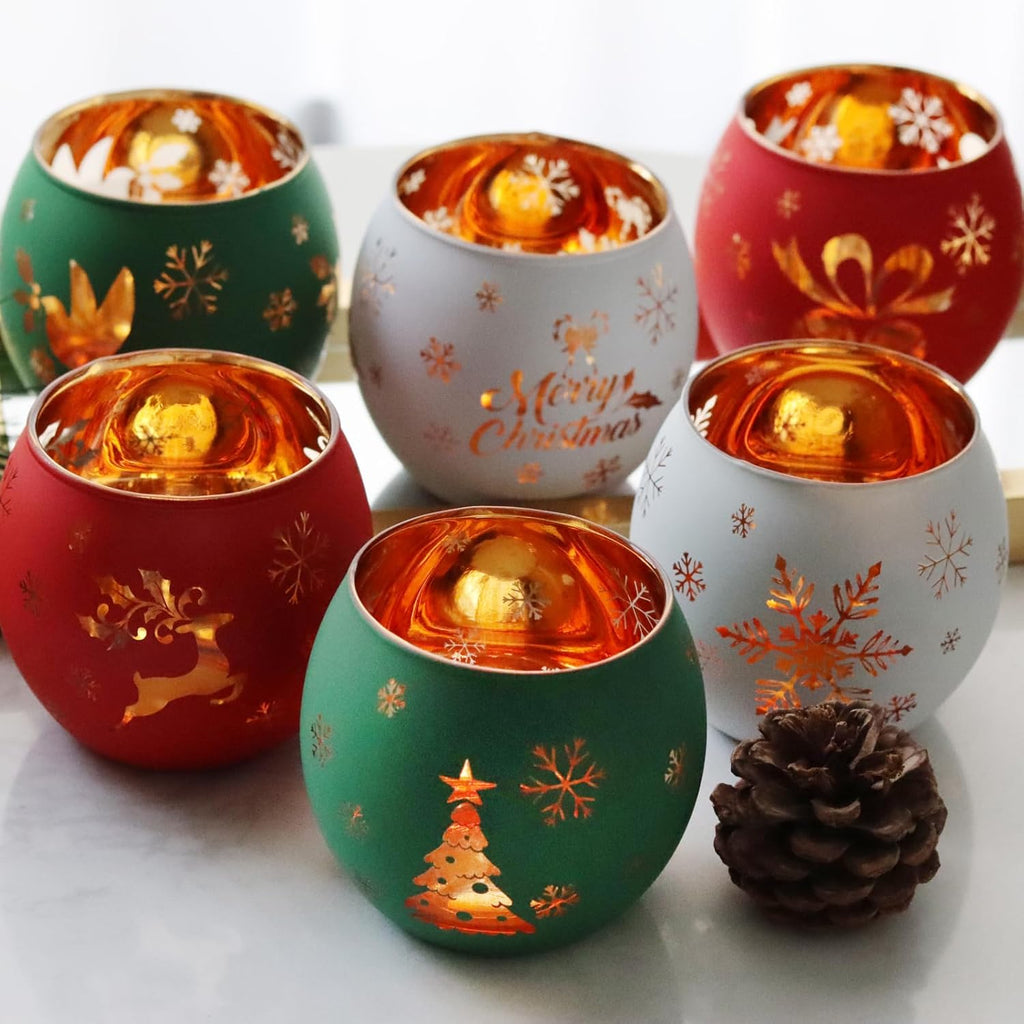 Skiennix Christmas Votive Candle Holder Set - 6 Red, Green & White Glass Tealight Holders with Laser Engraved Patterns for Festive Table Decor