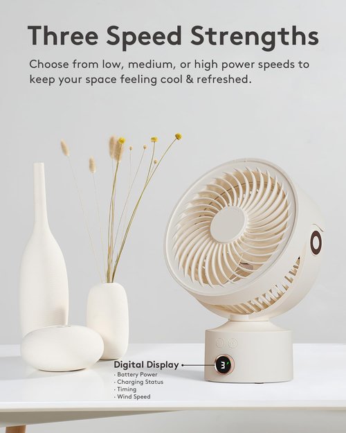 CARONSORT Desk Small Oscillating Fan for Bedroom, 9 Inch Table Fans Quiet,Desk Air Circulator Fan with 3 Speeds, 4H Time, Rechargeable Fan for Office/Dorm/Room-Beige