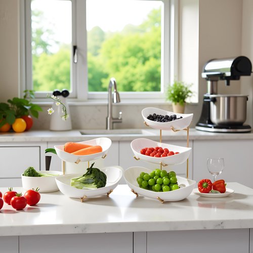 HBlife Fruit Bowl for Kitchen Counter - 2 Tier Fruit Basket with Metal Stand, Ceramic Fruit Holder, Tiered Fruit Platter Serving Trays for Party(Large Size)