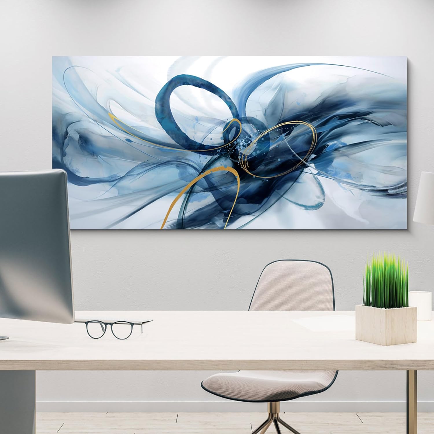XLSJERST Extra Large Canvas Wall Art - Modern Abstract Blue & White Artwork for Home Decor