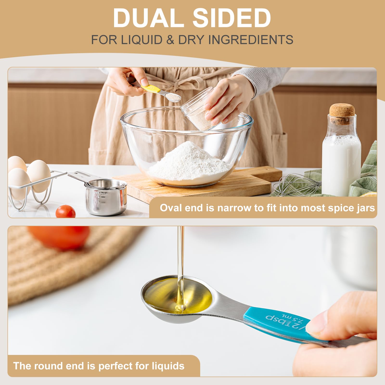 Stainless Steel Measuring Cups & Spoons Set, EWFEN Kitchen Tools Nesting Measuring Cups and Spoons, Fits in Spice Jars for Baking & Cooking, BPA Free, Set of 15 with Leveler, Multicolor