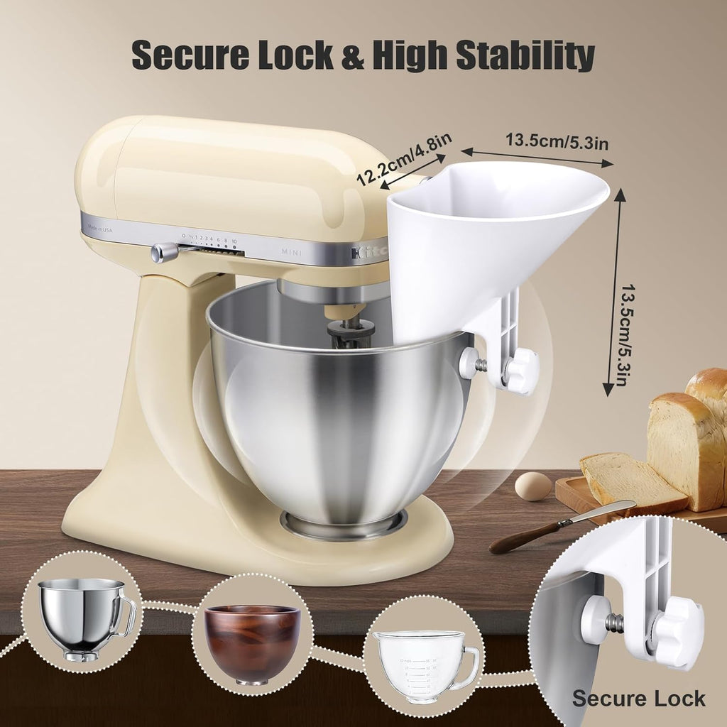 WANLISS Flour Funnel for KitchenAid Mixer - Durable Wide Mouth Pouring Chute | 3.2Qt-7Qt, Dishwasher Safe Baking Accessory