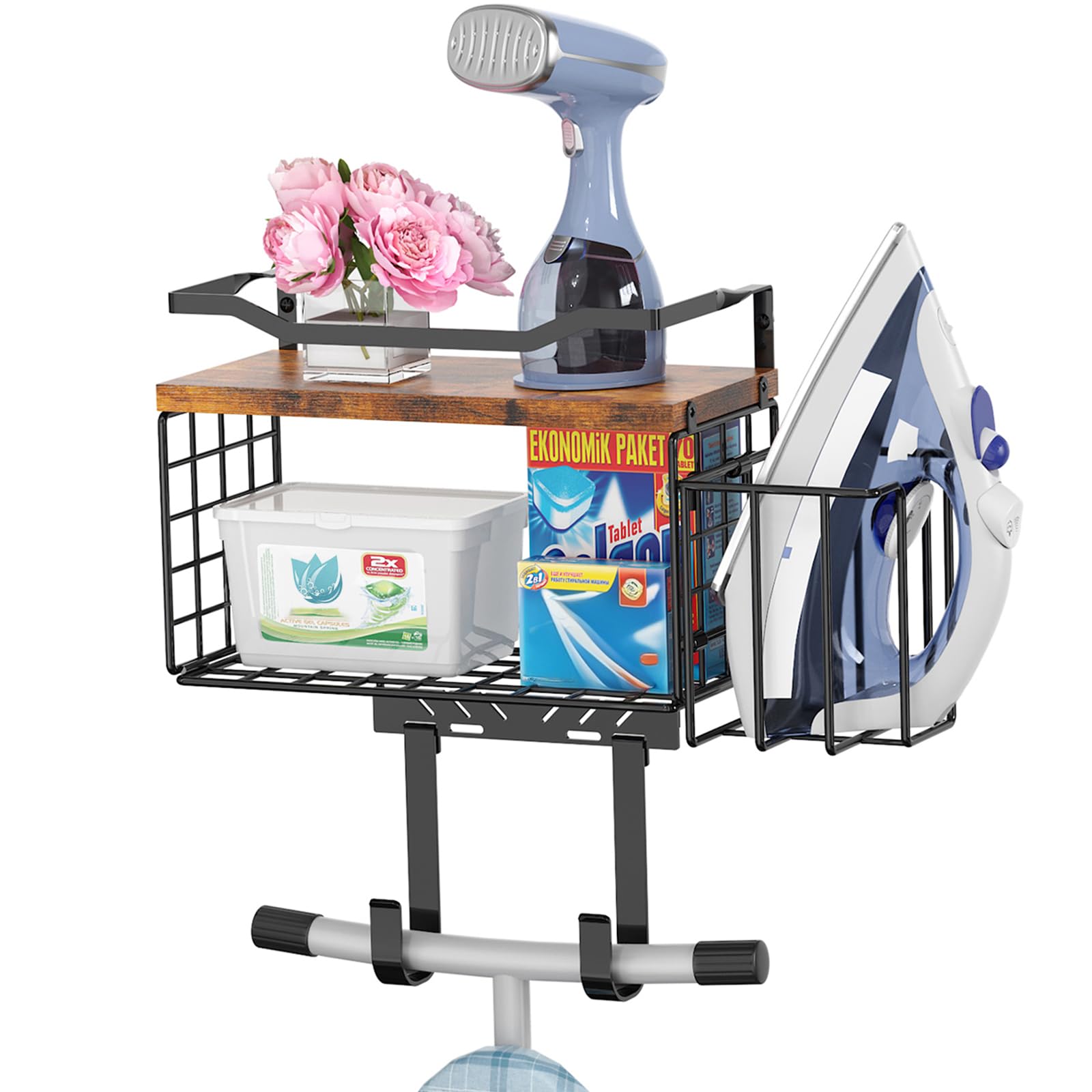 Ironing Board Hanger Wall Mount, 2-Layer T&Y Iron Board Holder with Ironing Caddy, Metal Ironing Board Holder Storage Organizer, Floating Wood Shelf for Laundry Room Decor Accessories Organization