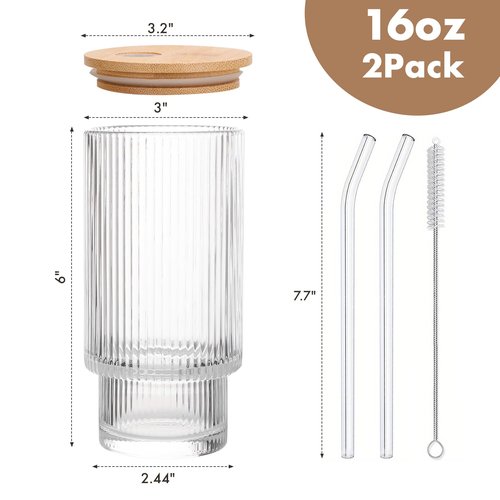 AiMQnLe Glass Cups with Bamboo Lids and Straws - 16 oz Iced Coffee Cups, Vintage Ribbed Drinking Glasses, Tumbler for Juice, Beer, Coffee, Milk, Cocktail, Water (2 Pack)