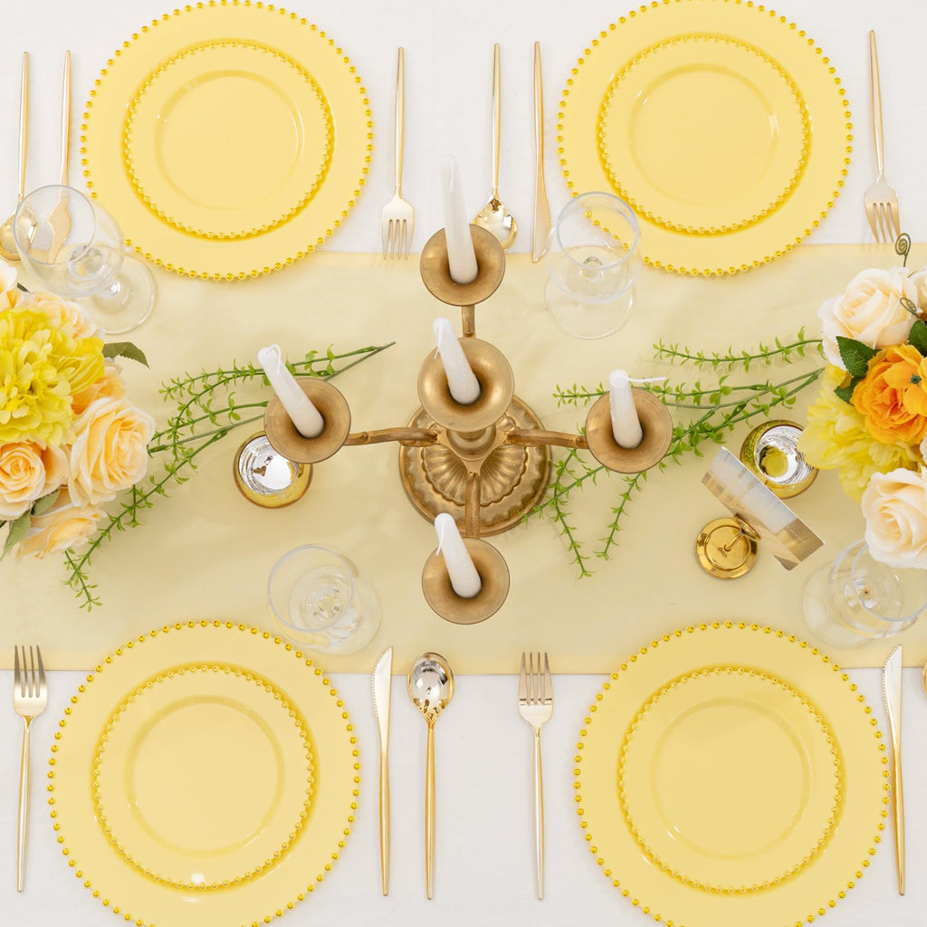 Supernal 100pcs Yellow Plastic Plates,Heavy Duty Plastic Plates,Yellow Party Decorations with Gold Beaded Including 50 Dinner Plate and 50 Disposable Dessert Plate,Pretty Disposable Platos for Wedding