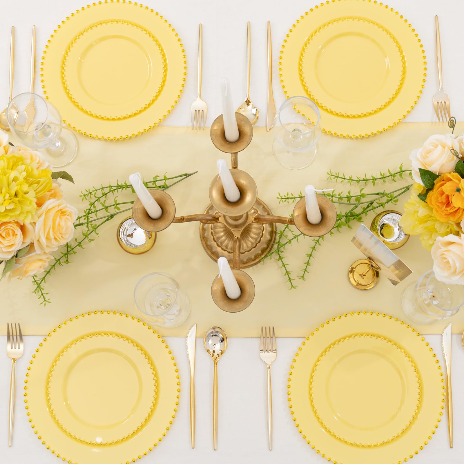 Supernal 100pcs Yellow Plastic Plates,Heavy Duty Plastic Plates,Yellow Party Decorations with Gold Beaded Including 50 Dinner Plate and 50 Disposable Dessert Plate,Pretty Disposable Platos for Wedding
