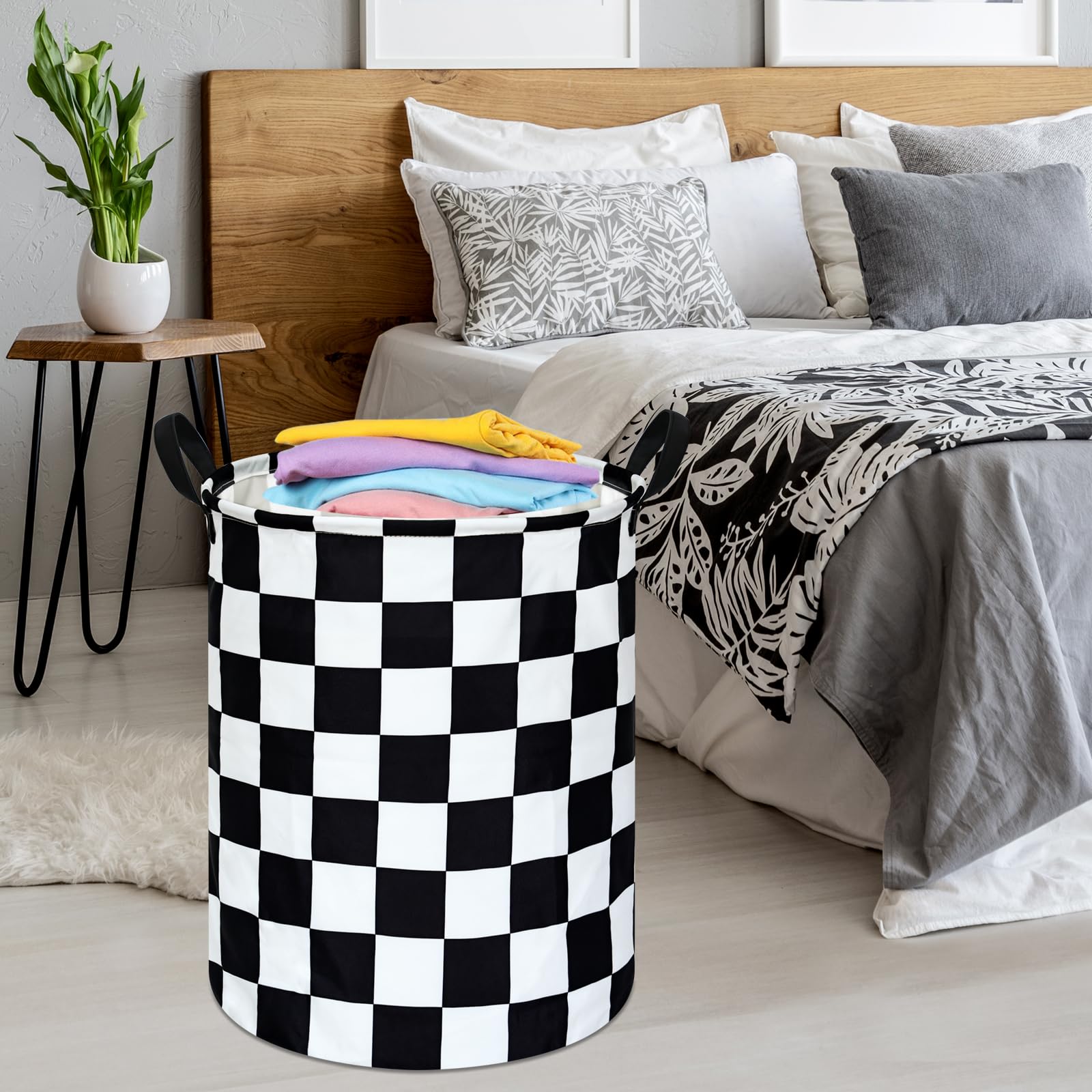 19.7 Inch Round Laundry Hamper Black Check Laundry Basket Fabric Storage Hamper Organization Basket, Storage Bin, Toy Box,Gift Basket with Handles for Room