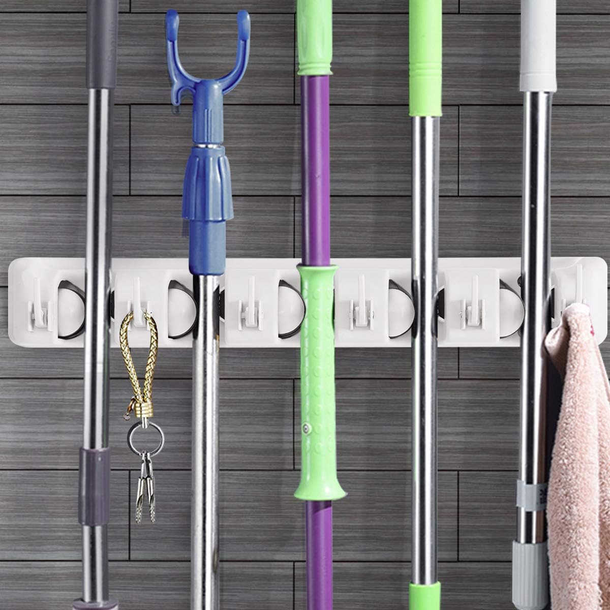 Tangkula Wall Mount Broom Holder - 5 Slot Organizer with 6 Hooks for Home, Kitchen & Garage Storage