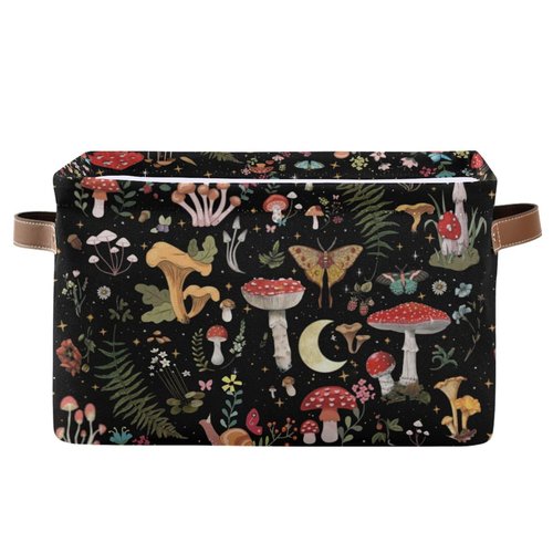 Mushroom Gothic Witch Storage Basket Bin for Shelves Closet Fern Leaves Foldable Fabric Storage Box Cube with Handles Kids Gifts Toy Clothes Shelf Basket Organizer for Bedroom Nursery Home Decorative