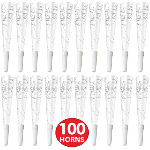 Beistle 100 Piece Happy New Year Party Supplies Favors NYE Noisemaker Horns, Made in USA Since 1900, 9", White/Silver