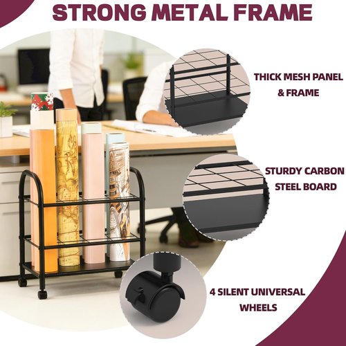 Blueprint Storage Holder with Wheels - 12-Slot Metal Roll File Rack with Silent Casters for Easy Mobility | Black