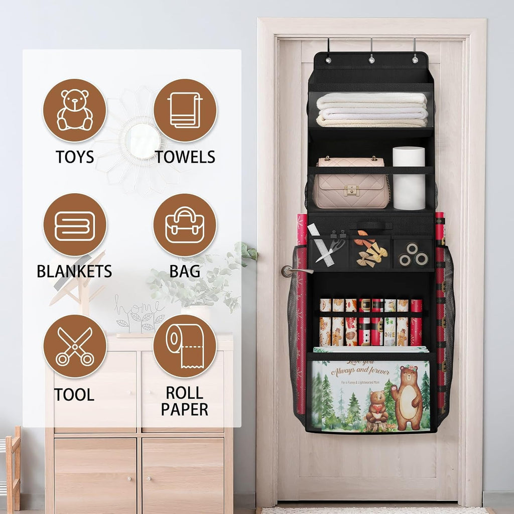 Skiennix Over Door Wrapping Paper Organizer - Multi-Purpose Storage with Removable Drawer & Pockets