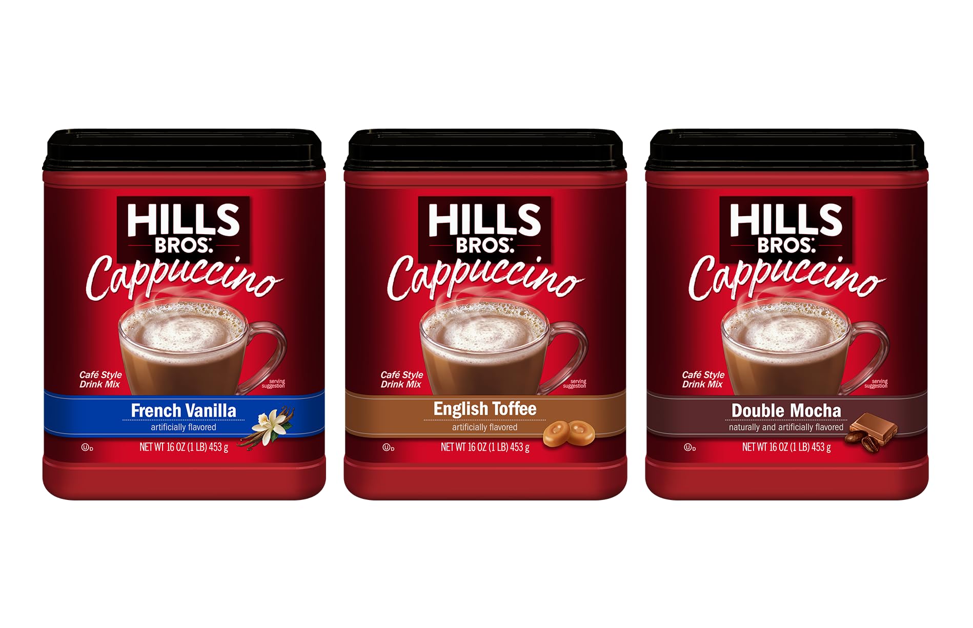 Hills Bros. Cappuccino Mix – Rich, Frothy Coffeehouse-Tasting Instant Drink Mix – Quick and Easy Preparation – Perfect for Hot & Iced Drinks & Creaming Coffee – Starter Variety Bundle, 3 Packs of 16oz