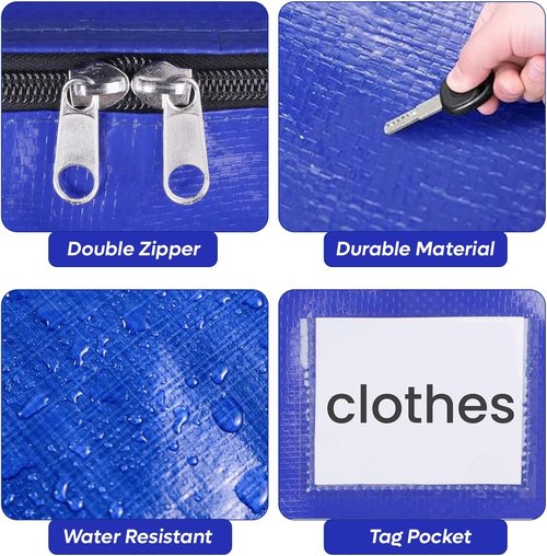 4 Pack Extra Large Moving Bags - Heavy Duty Clothes Storage Totes with Strong Zipper & Handles | Space-Saving Solution for College Supplies