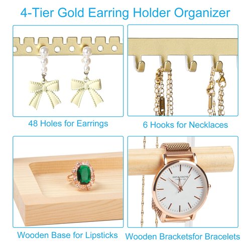 Jewelry Organizer Stand, Jewelry Holder, Lengnoy 4 Tier Earring Holder with 48 Holes and 6 Hooks Necklace Organizer Wood Box for Necklace Bracelet Earring Ring, Gold