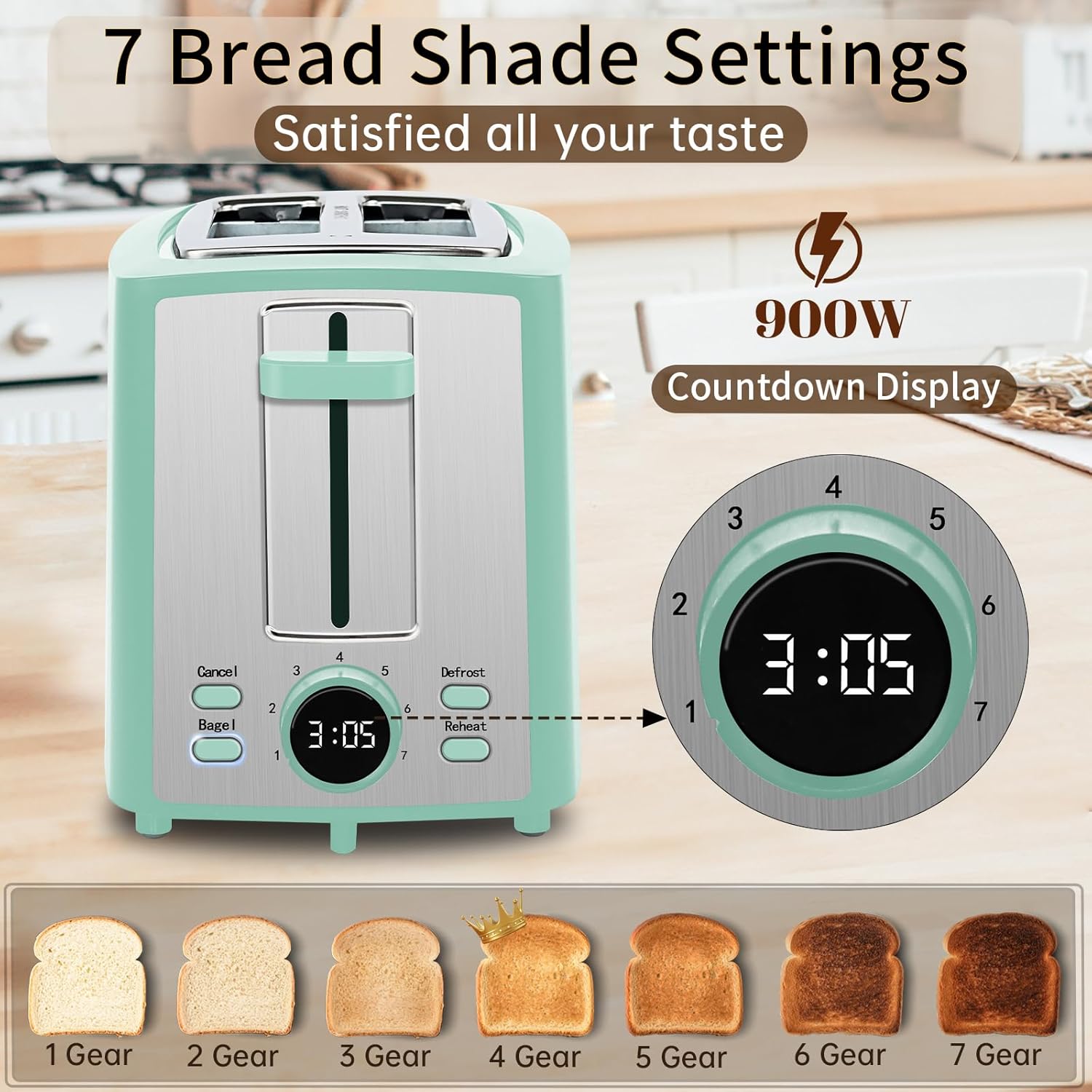SEEDEEM 2-Slice Toaster - LCD Display, 7 Shade Settings, Extra Wide Slots, Azure Blue