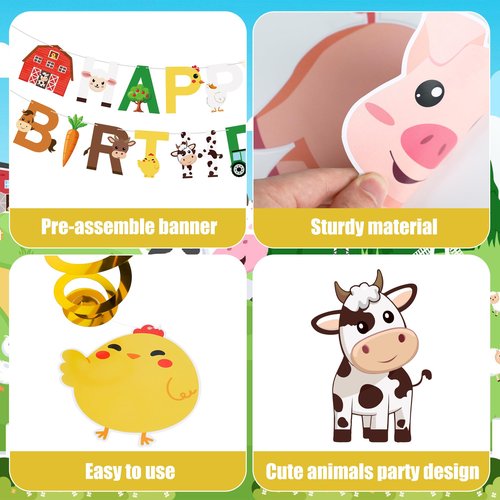 50 PCS Farm Animals Party Decorations Happy Birthday Banner and Hanging Swirls Animal Theme Foil Hanging Streamers for Farm Theme Birthday Party Supplies