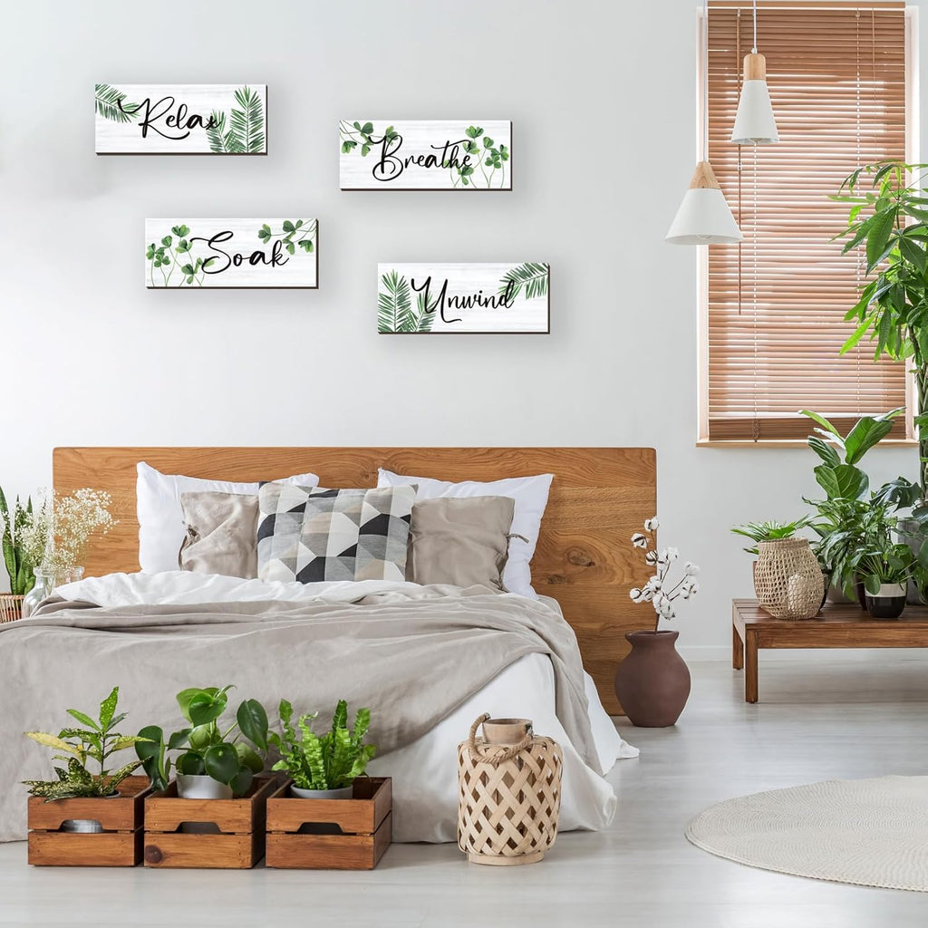 Skiennix Farmhouse Bathroom Wall Decor - Relax, Soak, Unwind Wooden Signs | Green Leaves 10x4 Inch
