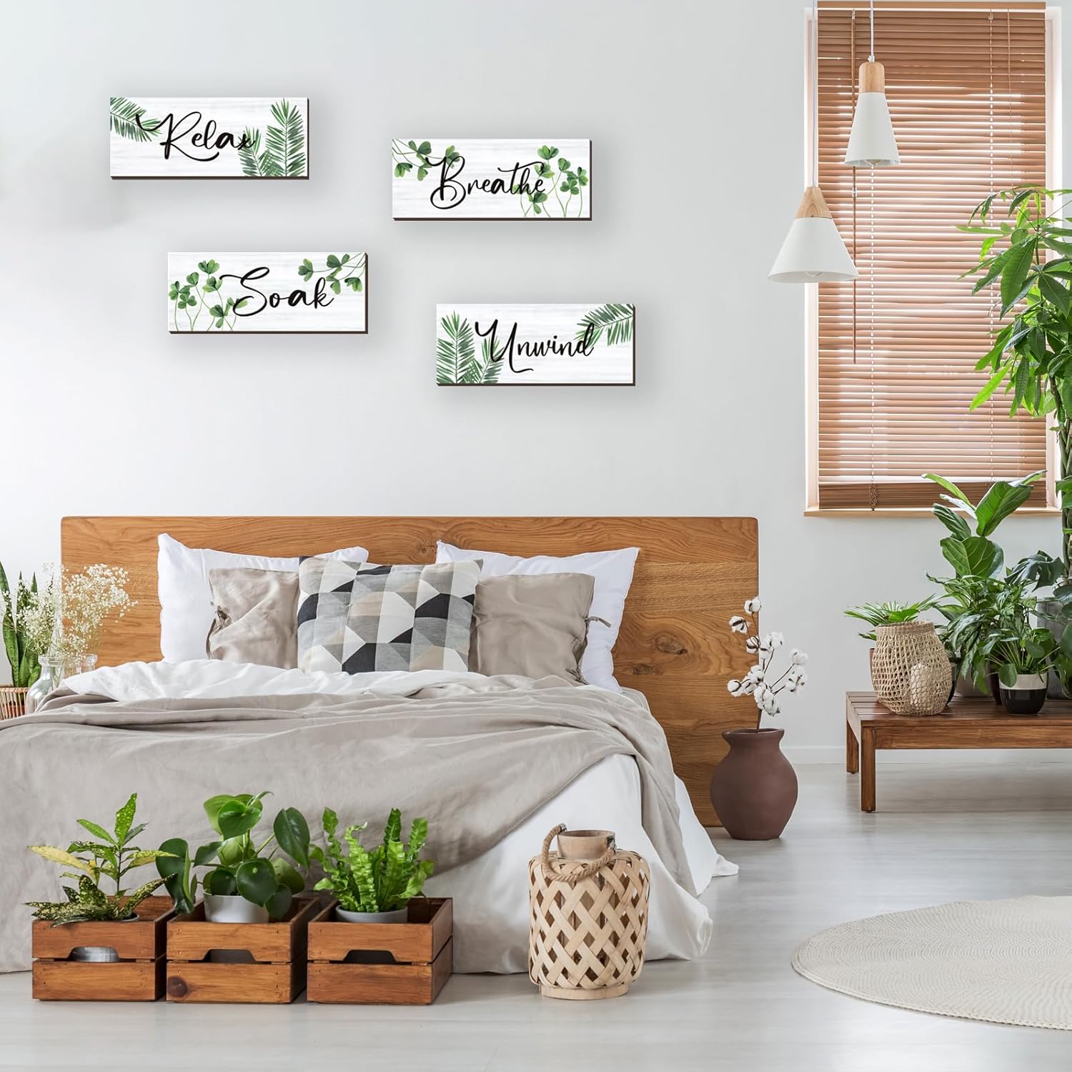 Skiennix Farmhouse Bathroom Wall Decor - Relax, Soak, Unwind Wooden Signs | Green Leaves 10x4 Inch