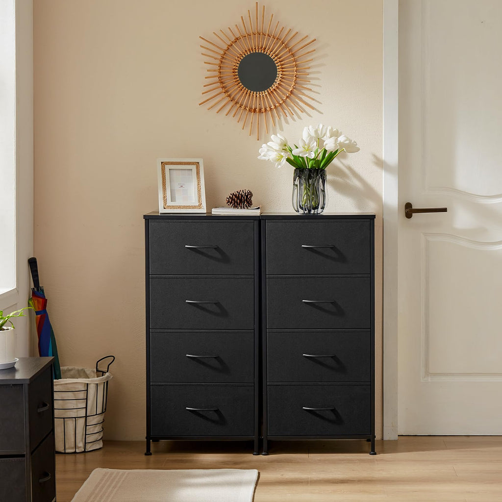 DUMOS Nightstand with 4 Drawers Bedside Table with Removable Fabric Bins Sturdy Steel Frame Wood Top Organizer Furniture for Bedroom Closet Living Room