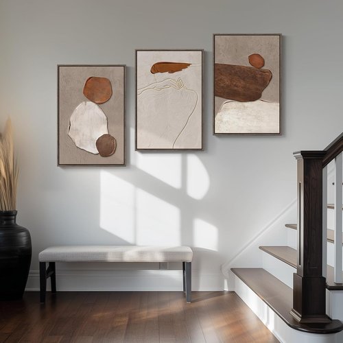 Framed Neutral Abstract Wall Art by [Brand Name] - 3-Piece Earth Tones Canvas Prints for Living Room | 16x24 Inch