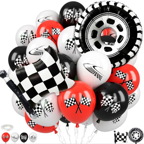 Race Car Balloons with Checkered Flag and Tire Balloons, Red Black White Latex Balloons for Men Boy First Birthday Racing Theme Party Decorations Baby Shower Backdrop Supplies