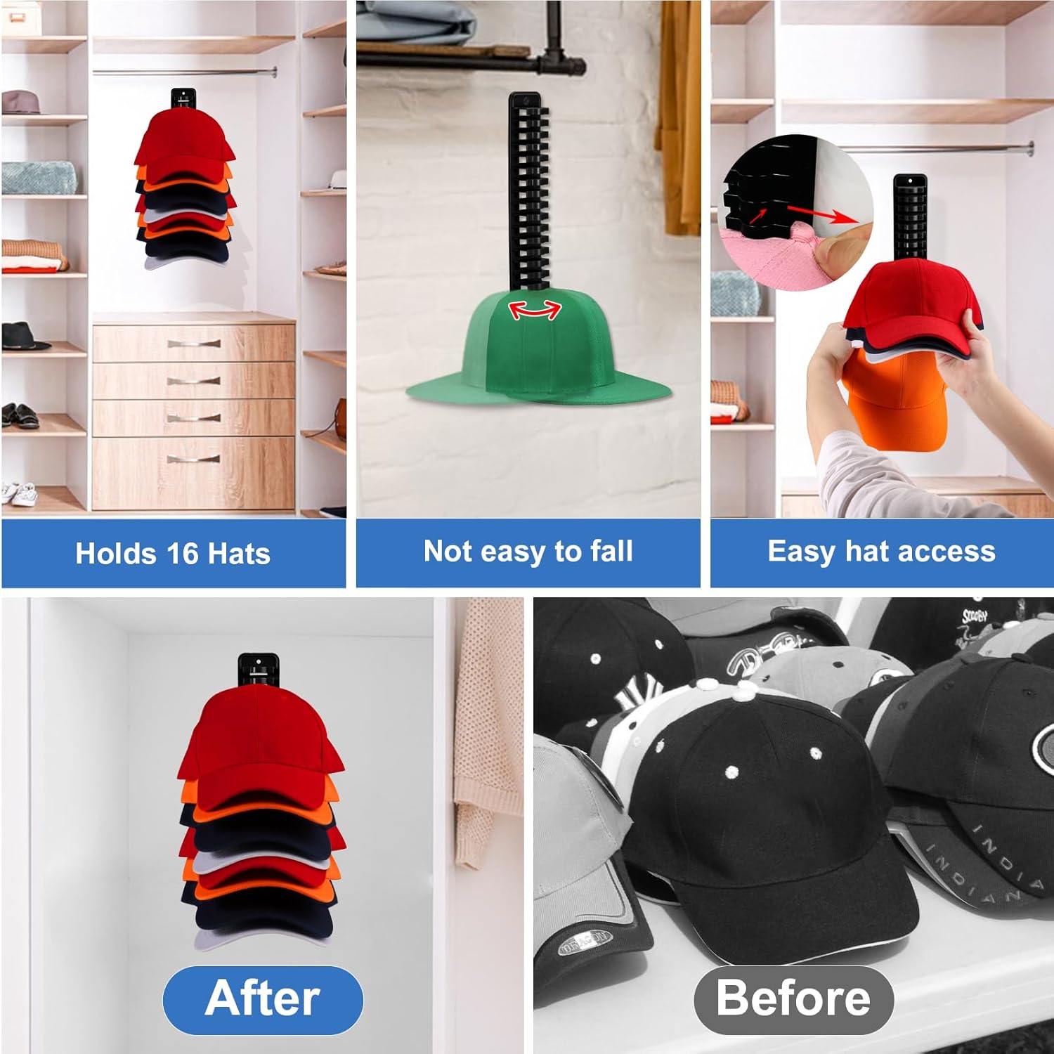 MAGTSMEI Baseball Cap Organizer - Vertical Hat Rack for Closet & Door, Large Capacity, Space-Saving Design (Black)