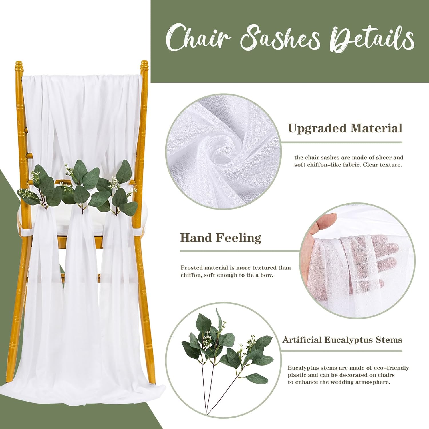 QueenDream Chair Sashes - 24 Packs of 8ft Long Sheer White Draping Fabric for Wedding & Party Decor