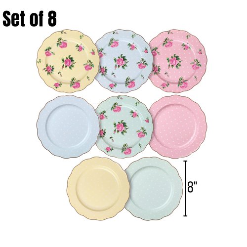 BTaT- Floral Tea Cups and Saucers, Set of 8, 8 oz and Porcelain Floral Plates, 8 inch, Set of 8