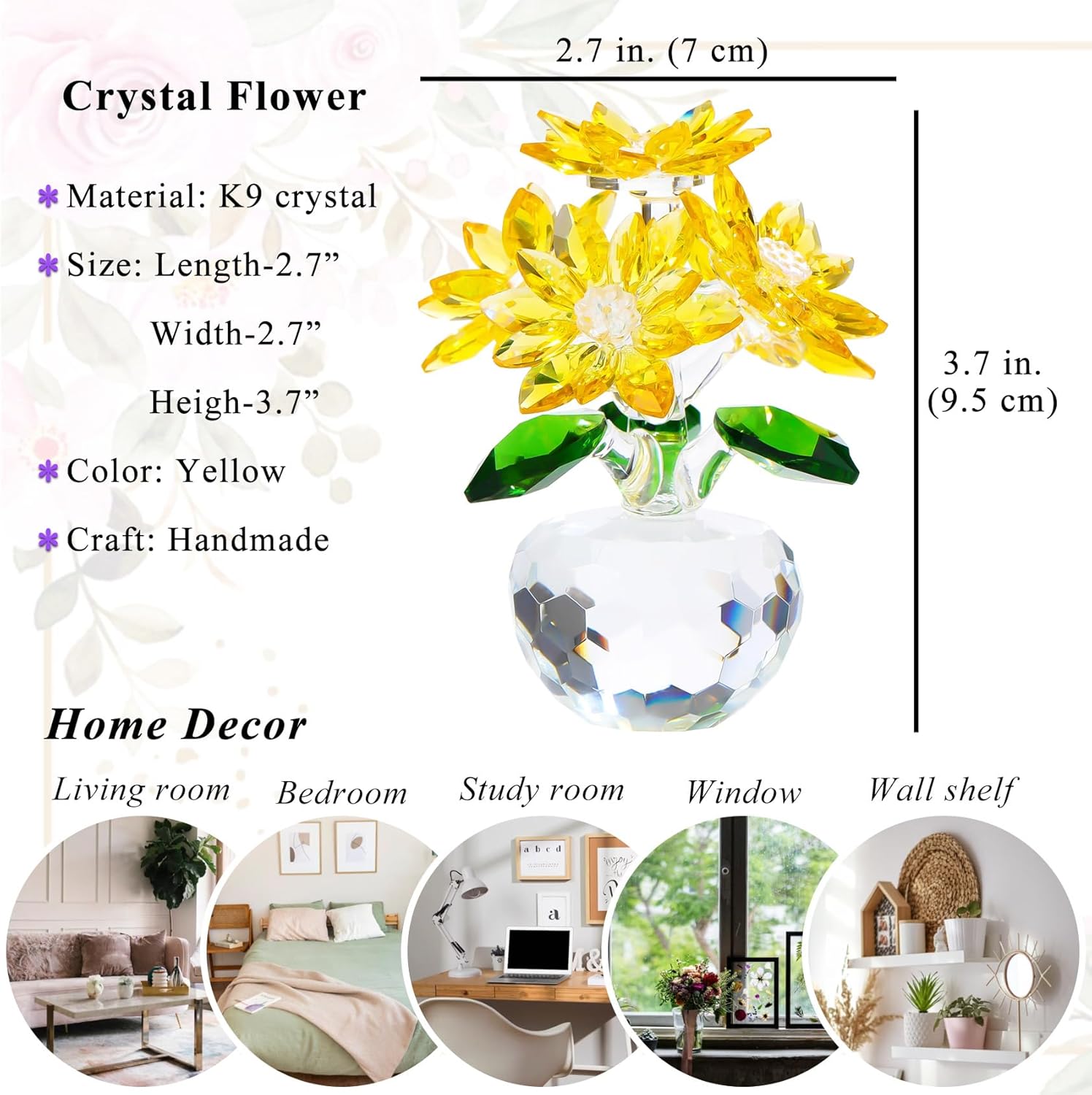 YWHL Handmade Yellow Crystal Flower Figurine - Elegant Glass Decoration Gift for Women | Perfect for Christmas, Valentine's Day, Weddings
