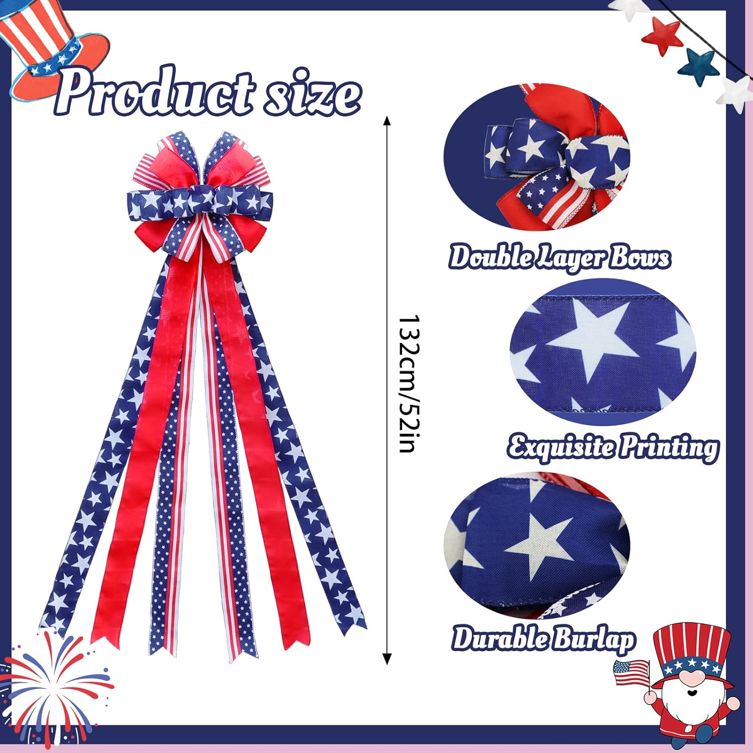 Patriotic 4th of July Tree Topper Bow by [Brand Name] - Pre-Tied 52x13 Inch Ribbon for Wreaths & Decor | Red, Blue, White