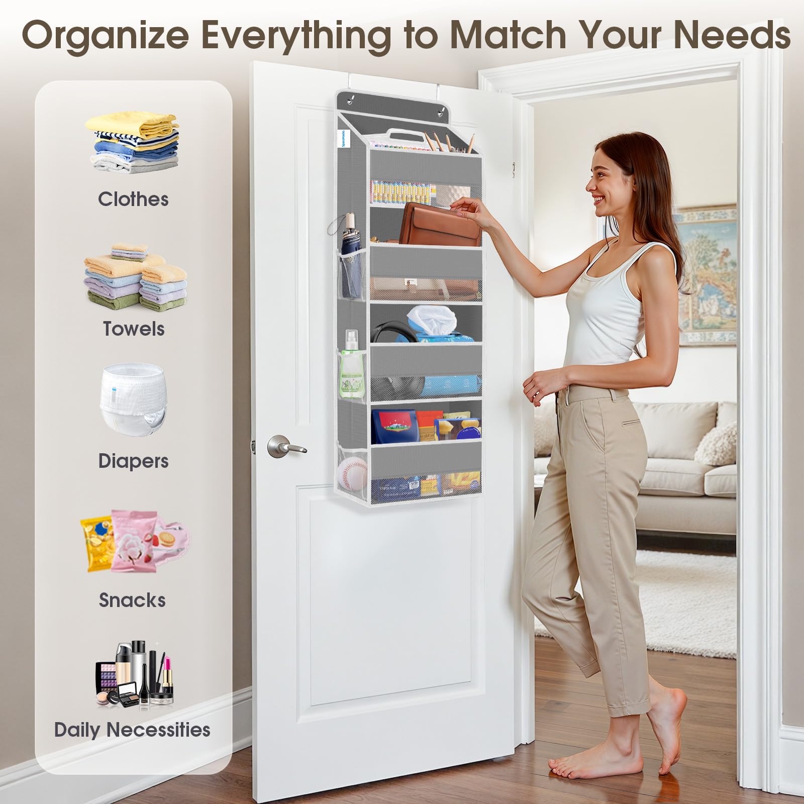 SpaceHacks 1 Pack Over The Door Organizer, Hanging Storage Organizer with Clear Window, 40lb Ultra Sturdy Large Capacity Room Organizer for Pantry Laundry Bathroom Nursery Closet Baby Essential (Grey)