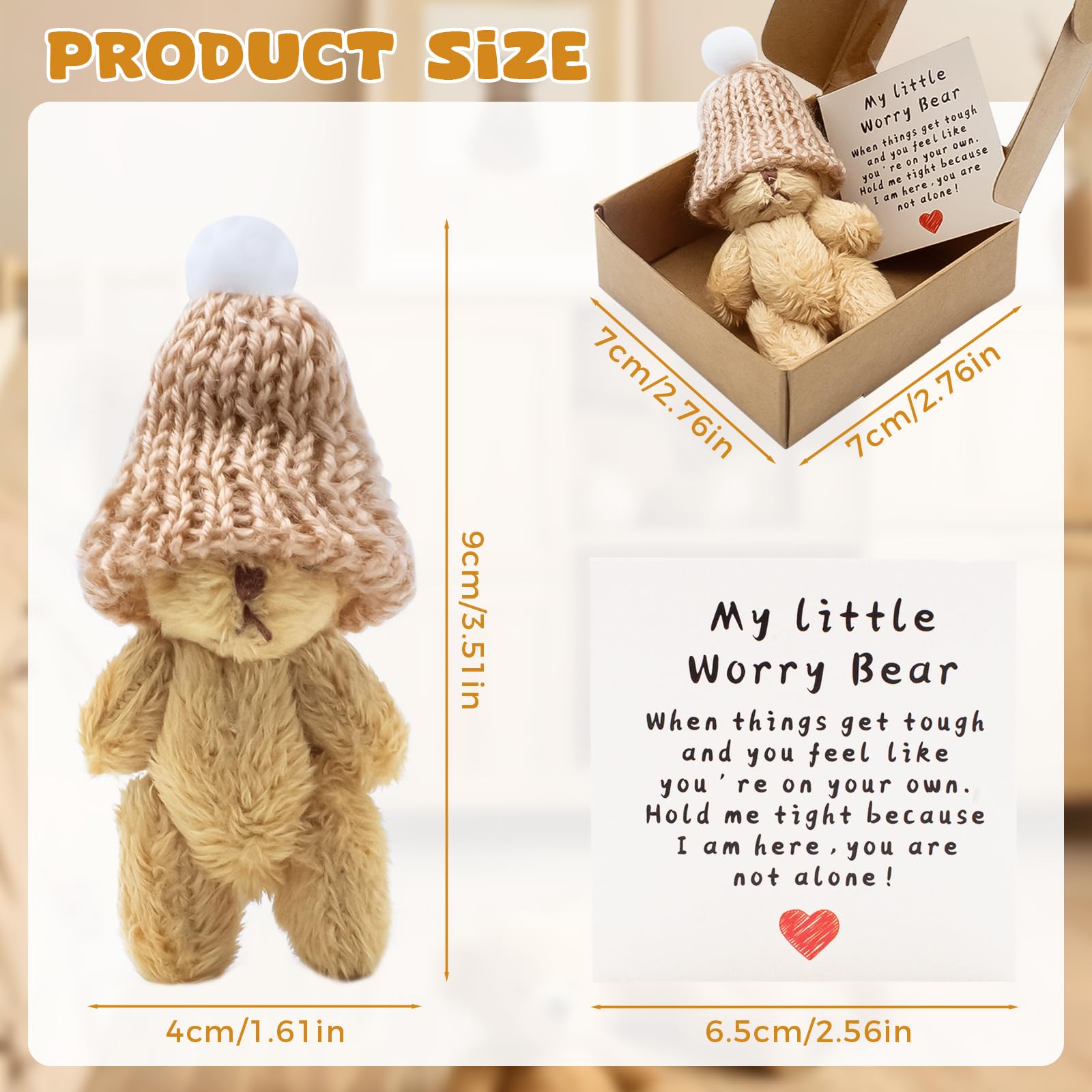 KCMOSGI Mini Worry Bear with A Hat, Positive Mini Bears, Little Worry Bears in A Box with Encouragement Little Card, Soft Handmade Pocket Bear for Lovers, Family, Friend