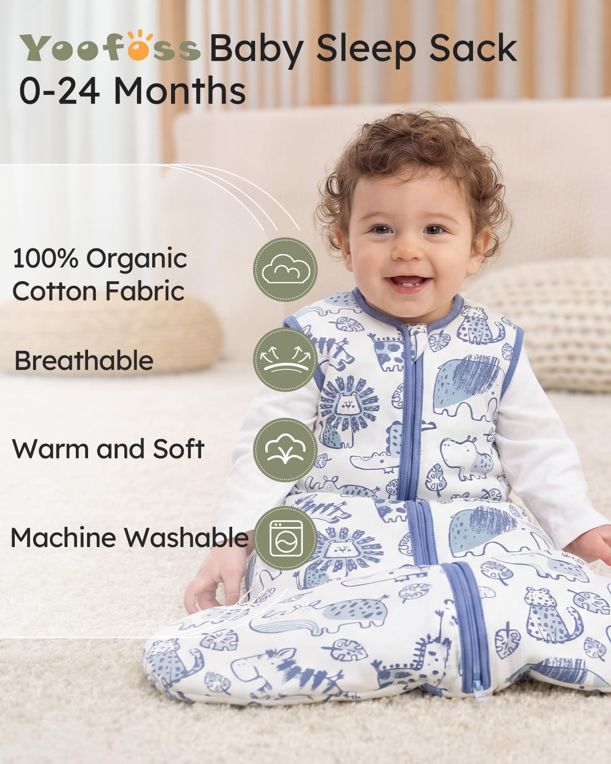 Yoofoss Baby Sleep Sack - 1.5 Tog Wearable Blanket for 6-12 Months | 100% Organic Cotton, Warm & Comfy