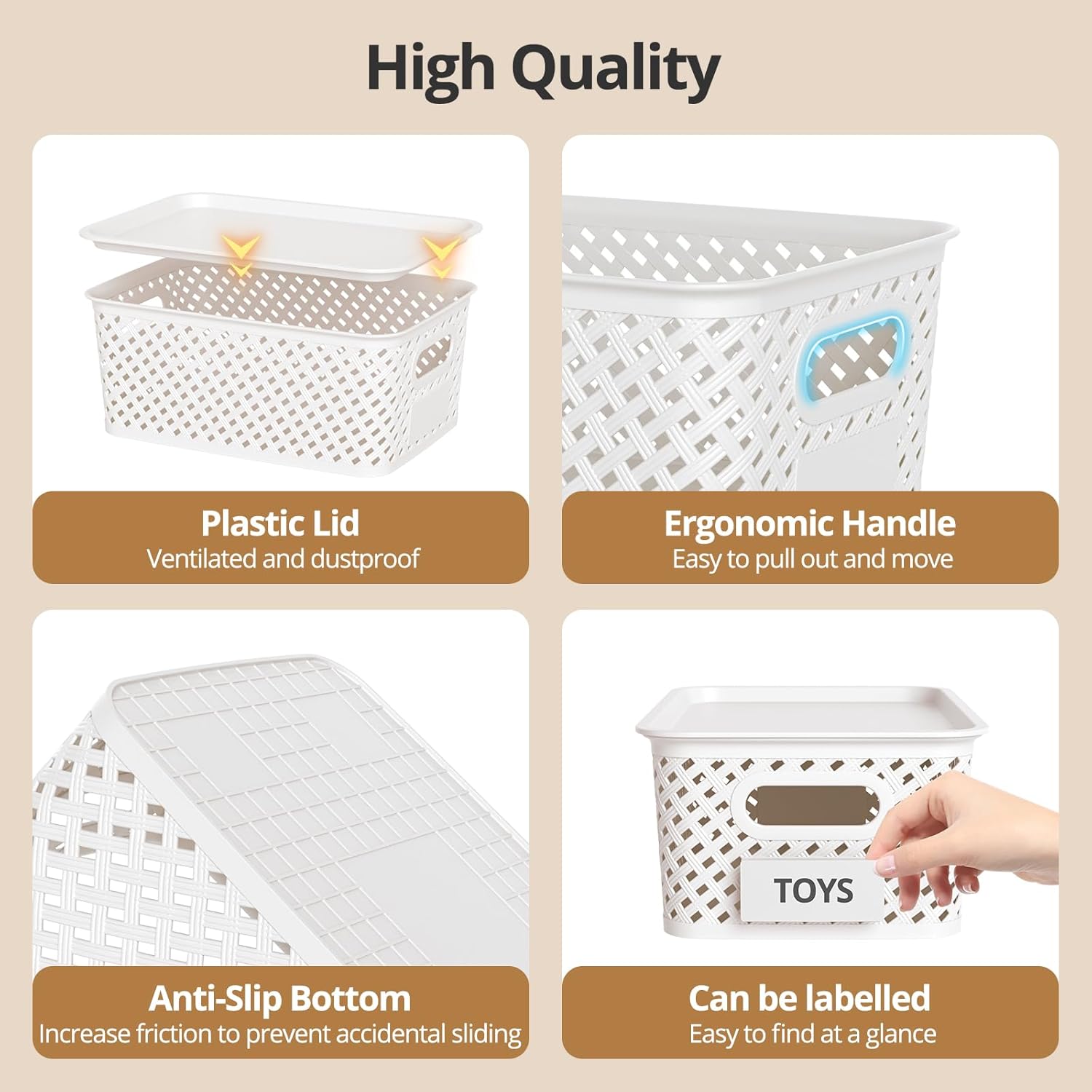 Plastic Storage Bins - Stackable Organizing Baskets with Lids | 8-Pack, 10.2x7.2x4.1 Inches, White
