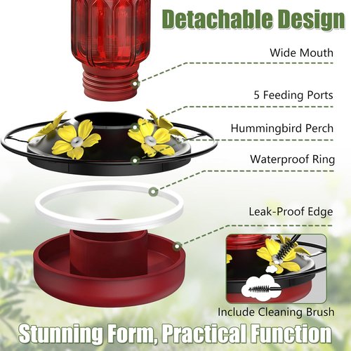 Hummingbird Feeders - 16 Oz Hanging Feeder with 5 Flower Ports & Ant Moat | Perfect Outdoor Garden Decor