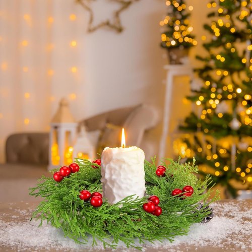 Knitgrip 8 Pcs Small Christmas Wreaths - Red Berry Artificial Cedar Candle Rings | 8.27" Mini Holiday Decor