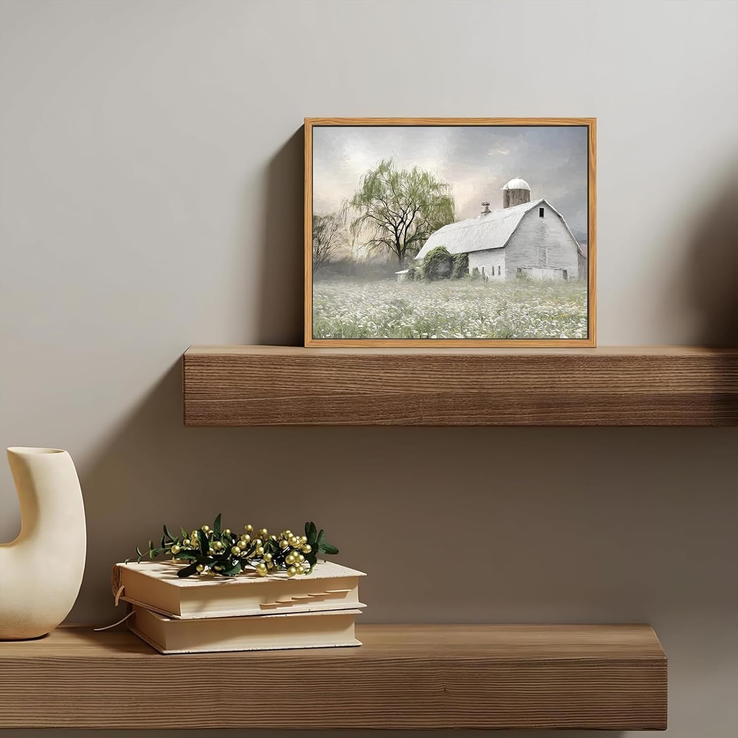 Skiennix Rustic Farmhouse Canvas Wall Art - White Barn Wildflower Landscape Painting | 16x12 in for Bedroom & Living Room Decor