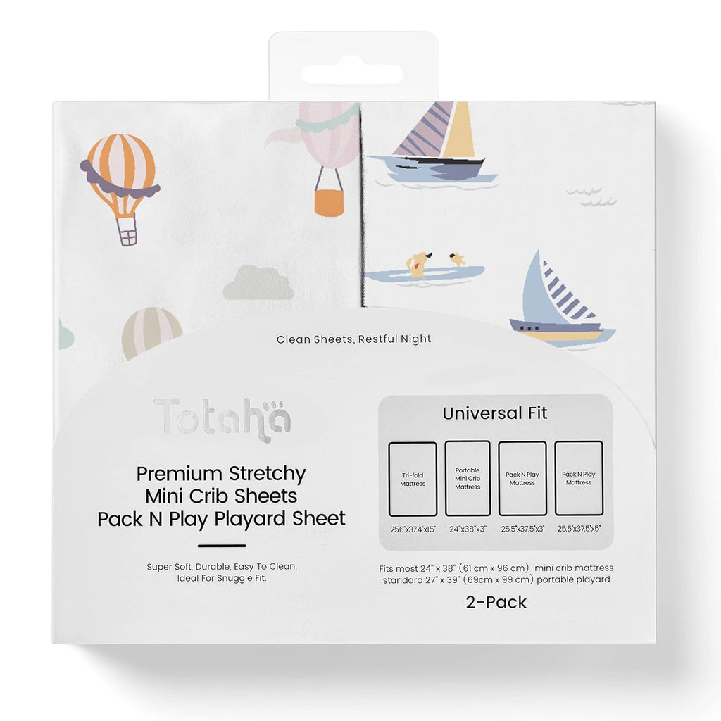TotAha Premium Stretchy Pack N Play Playard Sheets - Hypoallergenic Mini Crib Sheets (2-Pack) | Silky Soft, All-Season Jersey-Knit 38 x 24 (Balloon & Sailboat)