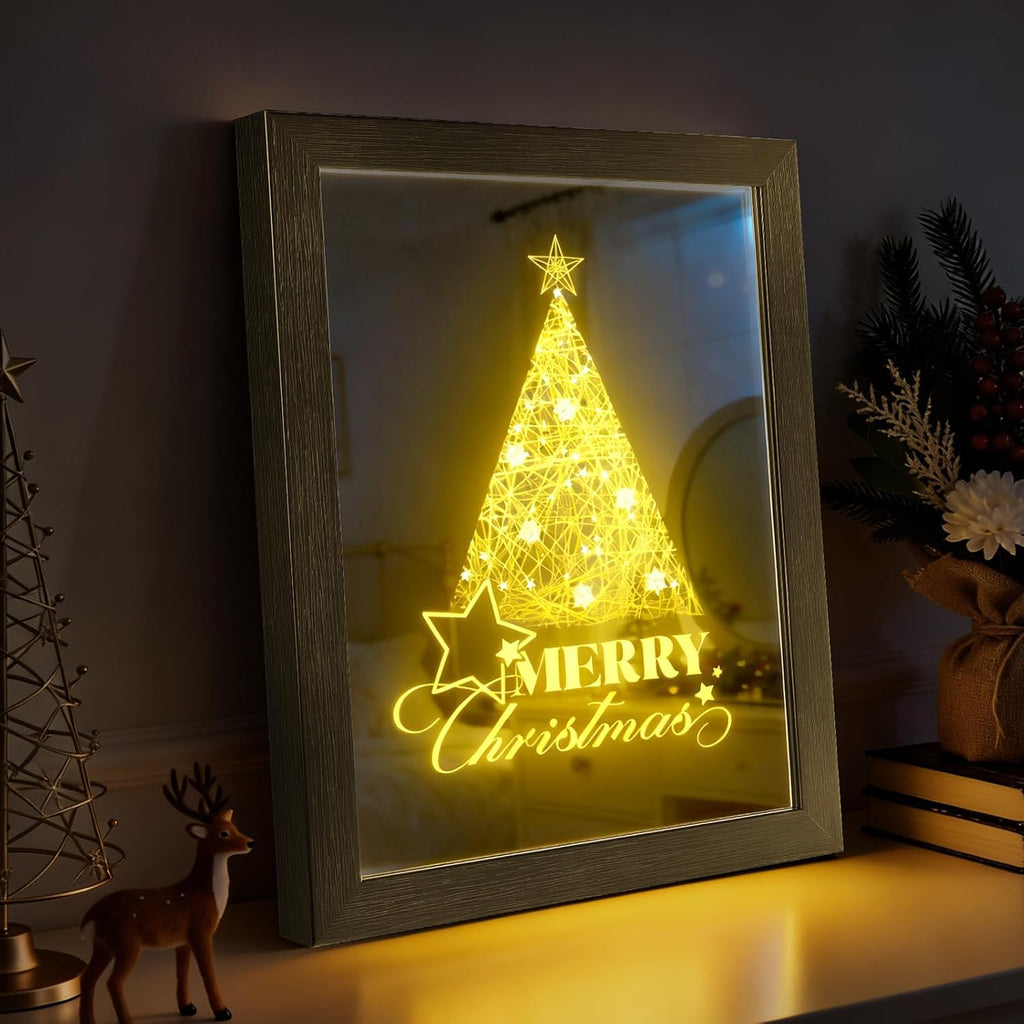 VIYYIEA Christmas Decor - 3-in-1 LED Light Mirror | Versatile Xmas Tree Wall Art, USB Powered, Modern Design 14L x 11W