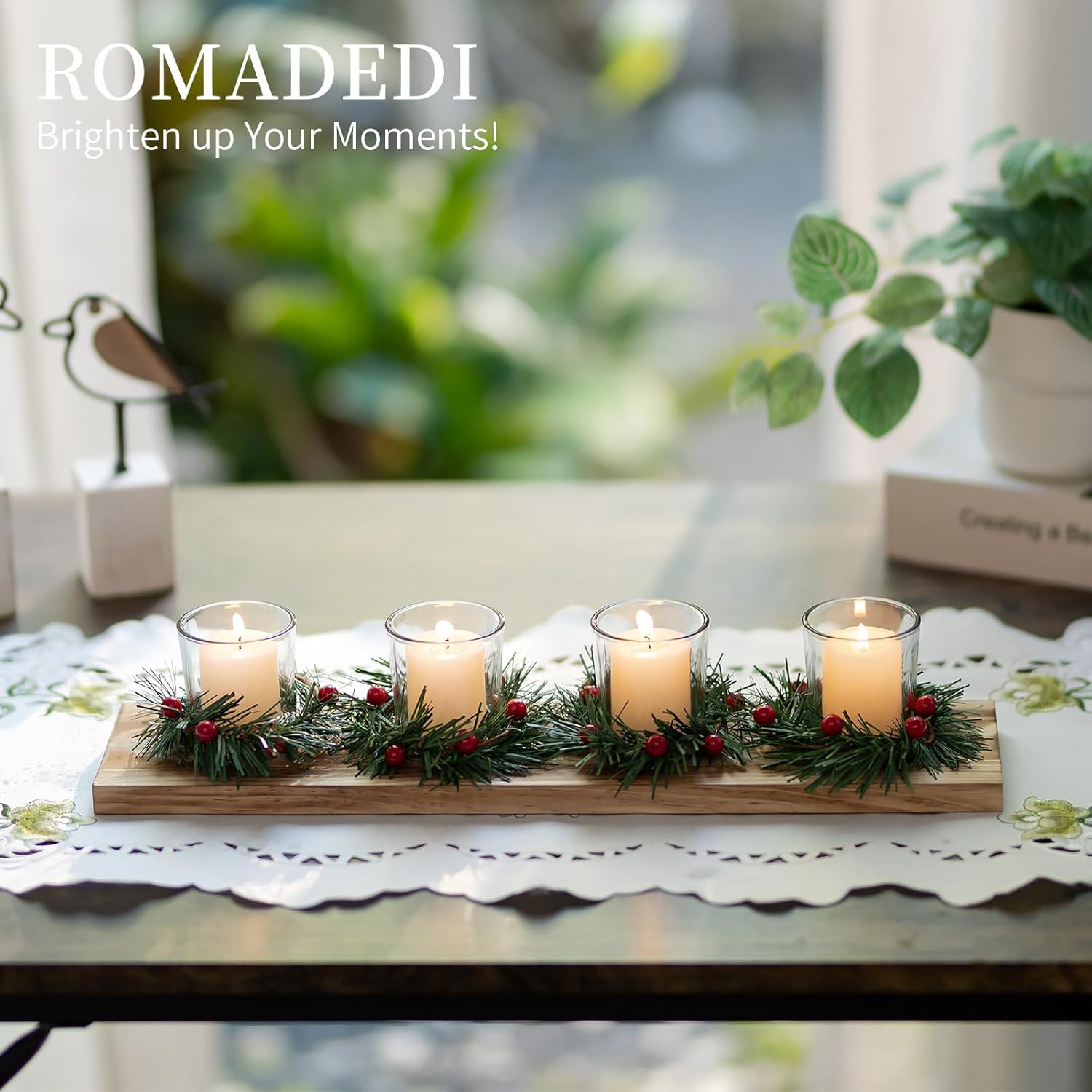 Romadedi Christmas Candle Holder - Rustic 4 Tealight Holders with Mini Wreaths | 16.5-Inch Wooden Tray for Table Centerpiece Decor
