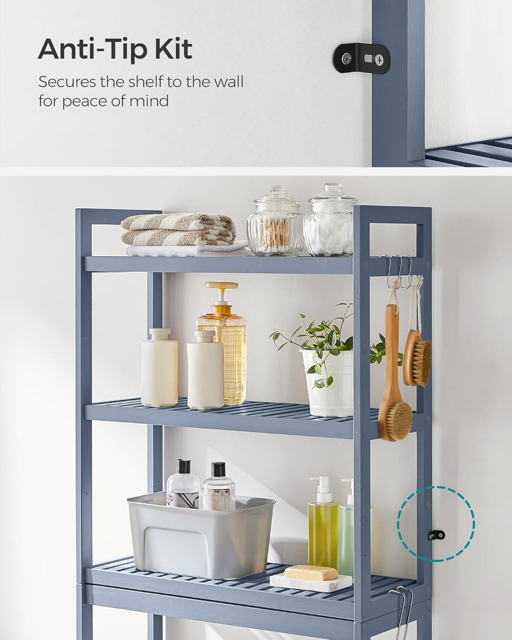 SONGMICS Over The Toilet Bathroom Organizer - 3-Tier Adjustable Shelf, Space-Saving Design, Gray, 10.2 x 24.8 x 66.9 Inches