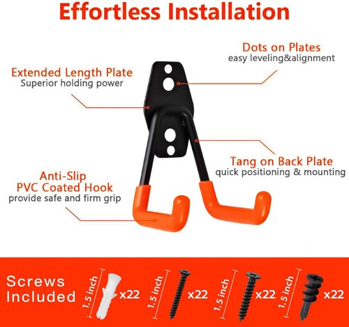 Garage Hooks - Heavy Duty Wall Storage Hanger | 12 Pack with Extension Cord Straps for Tools & Bikes (Orange)